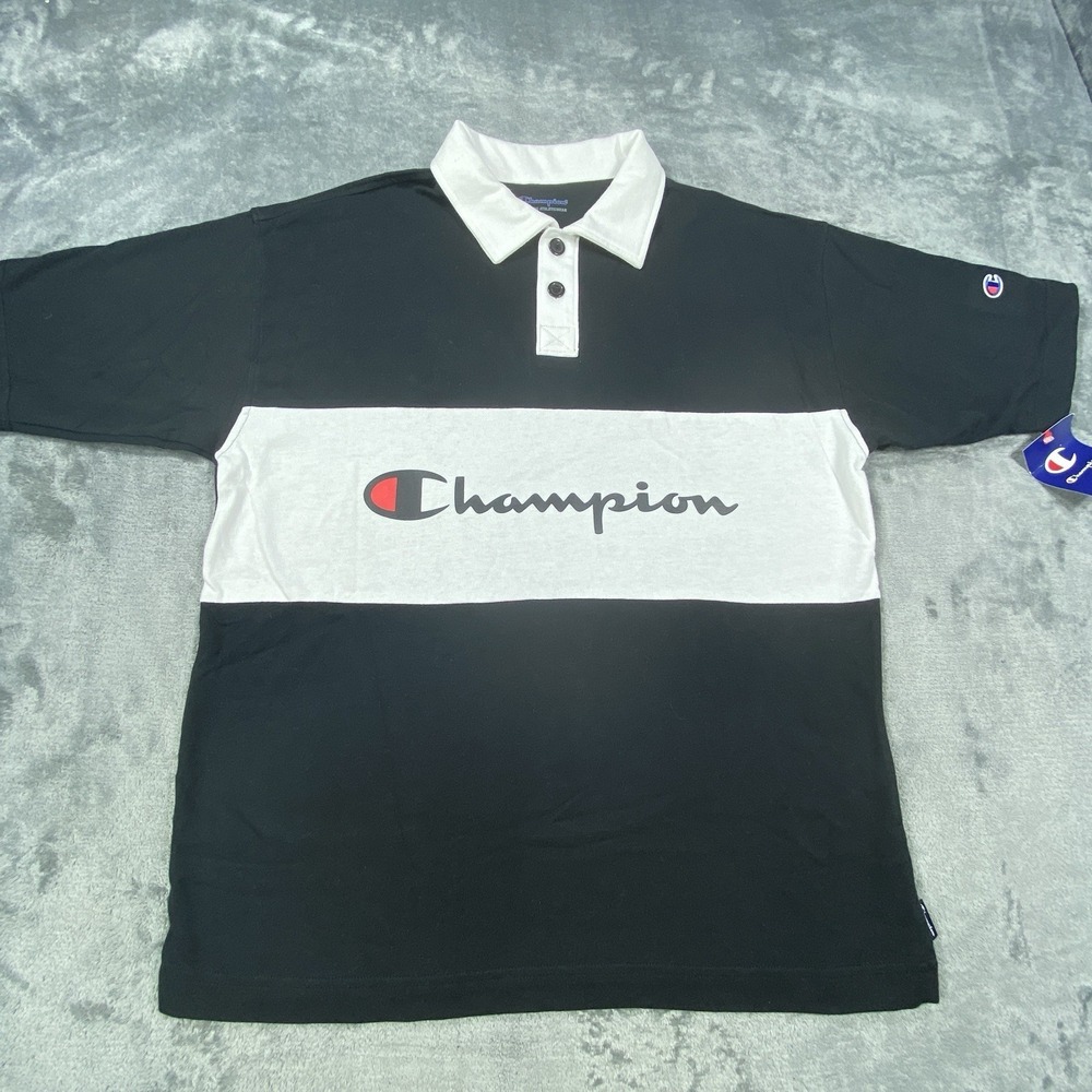 Champion Polo Shirt Medium Black Short Sleeve Knit Colorblock Stripe Comfort